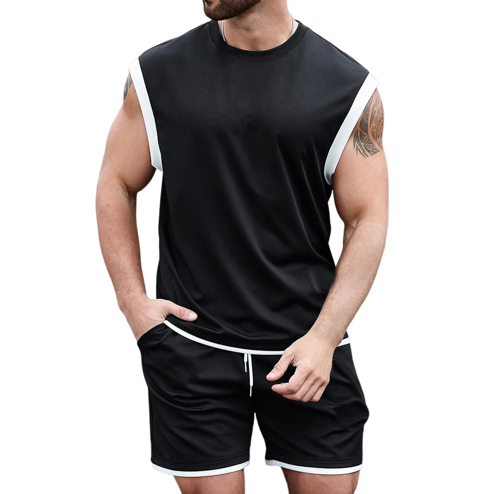 Men's Colorblock Round Neck Sleeveless Tank Top Shorts Set 42495139Z