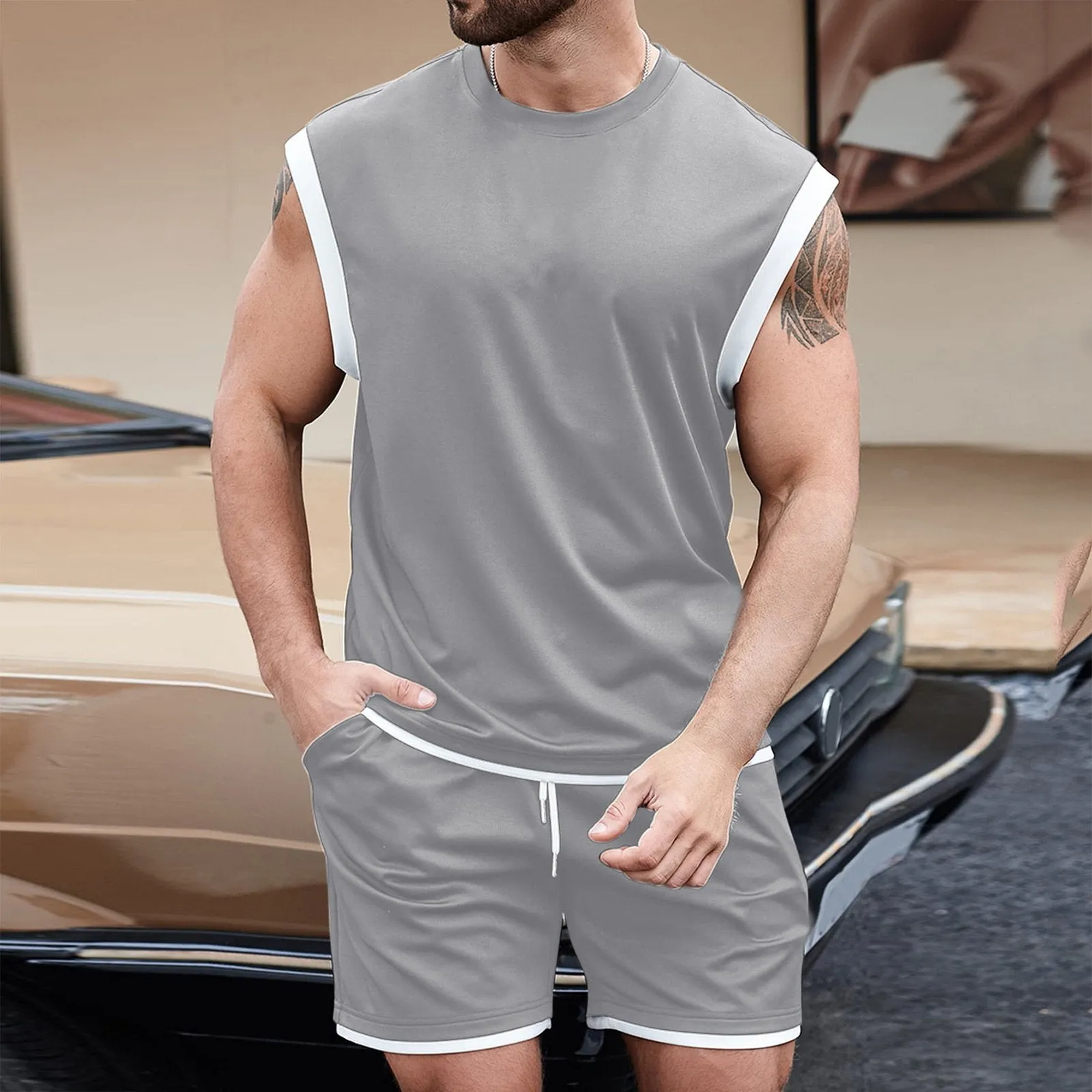 Men's Colorblock Round Neck Sleeveless Tank Top Shorts Set 42495139Z