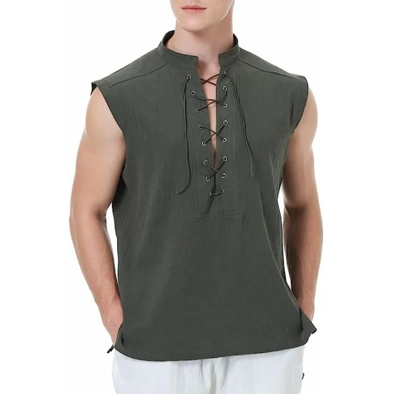 Men's Cotton And Linen Stand Collar Sleeveless Tank Top 17170536Y