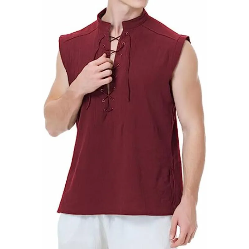 Men's Cotton And Linen Stand Collar Sleeveless Tank Top 17170536Y