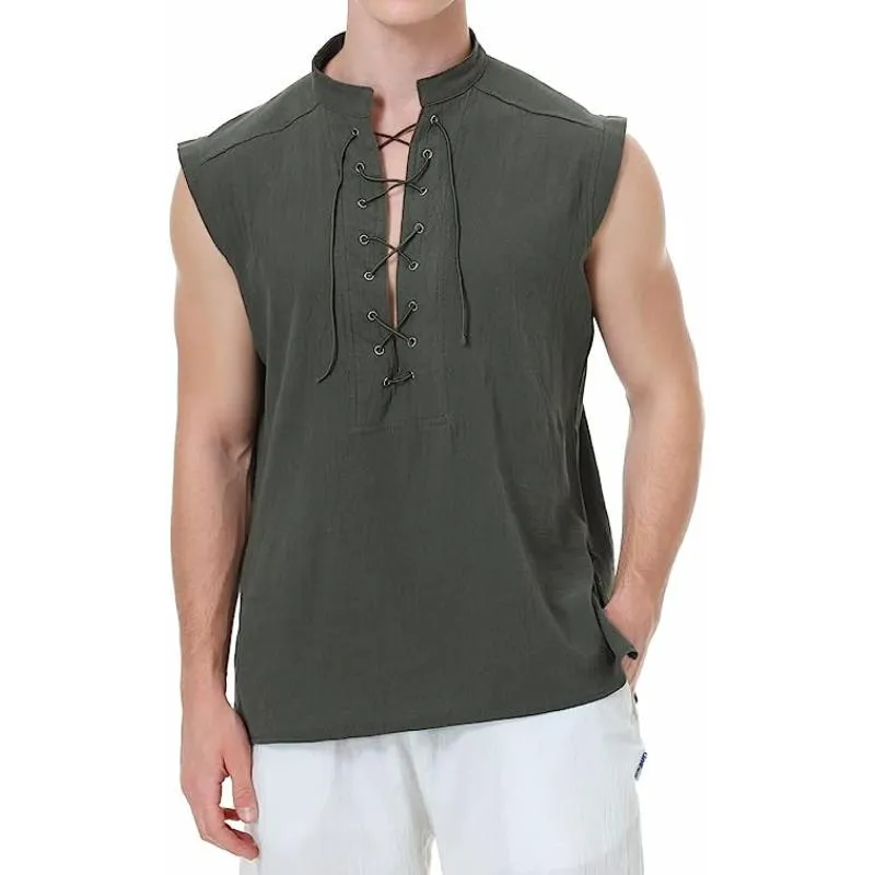 Men's Cotton And Linen Stand Collar Sleeveless Tank Top 17170536Y