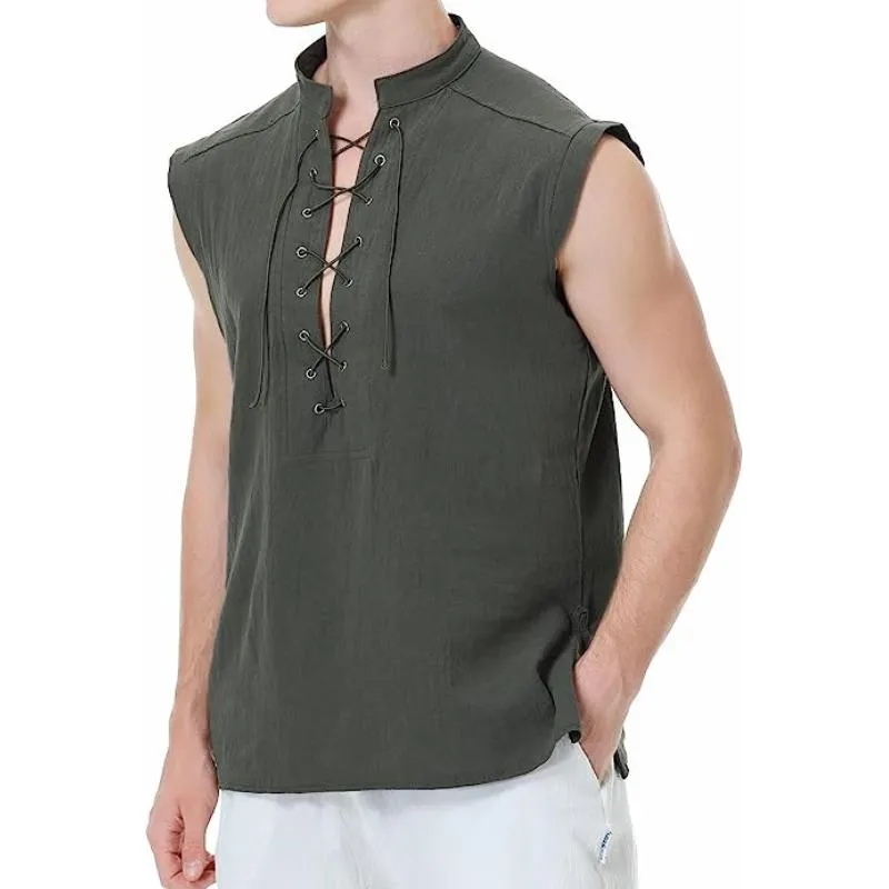 Men's Cotton And Linen Stand Collar Sleeveless Tank Top 17170536Y