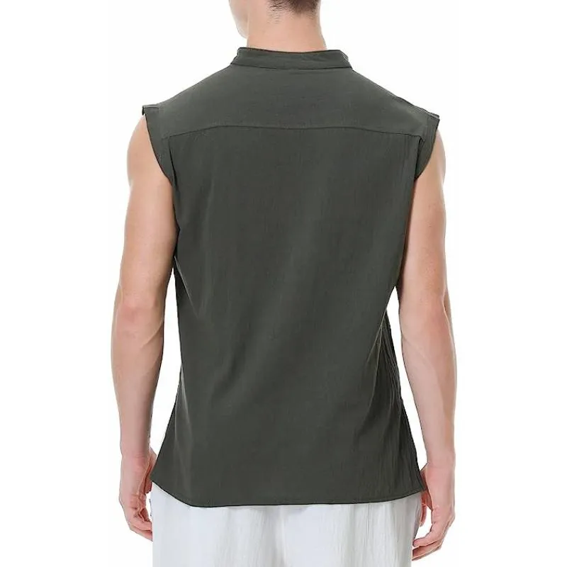 Men's Cotton And Linen Stand Collar Sleeveless Tank Top 17170536Y