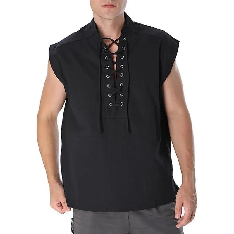 Men's Cotton And Linen Stand Collar Sleeveless Tank Top 17170536Y