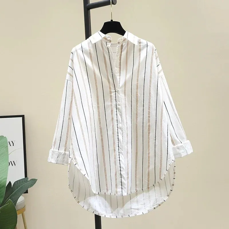 Mid-length striped shirt for women 2024 spring and autumn new loose casual shirt short front and long sleeve top jacket