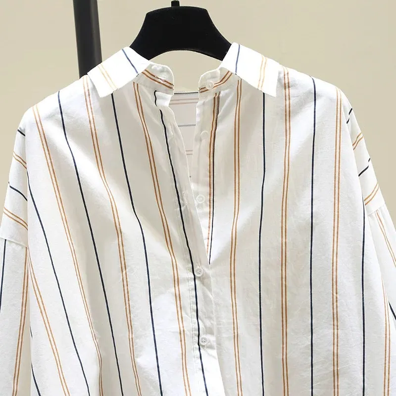 Mid-length striped shirt for women 2024 spring and autumn new loose casual shirt short front and long sleeve top jacket