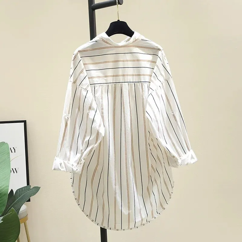 Mid-length striped shirt for women 2024 spring and autumn new loose casual shirt short front and long sleeve top jacket