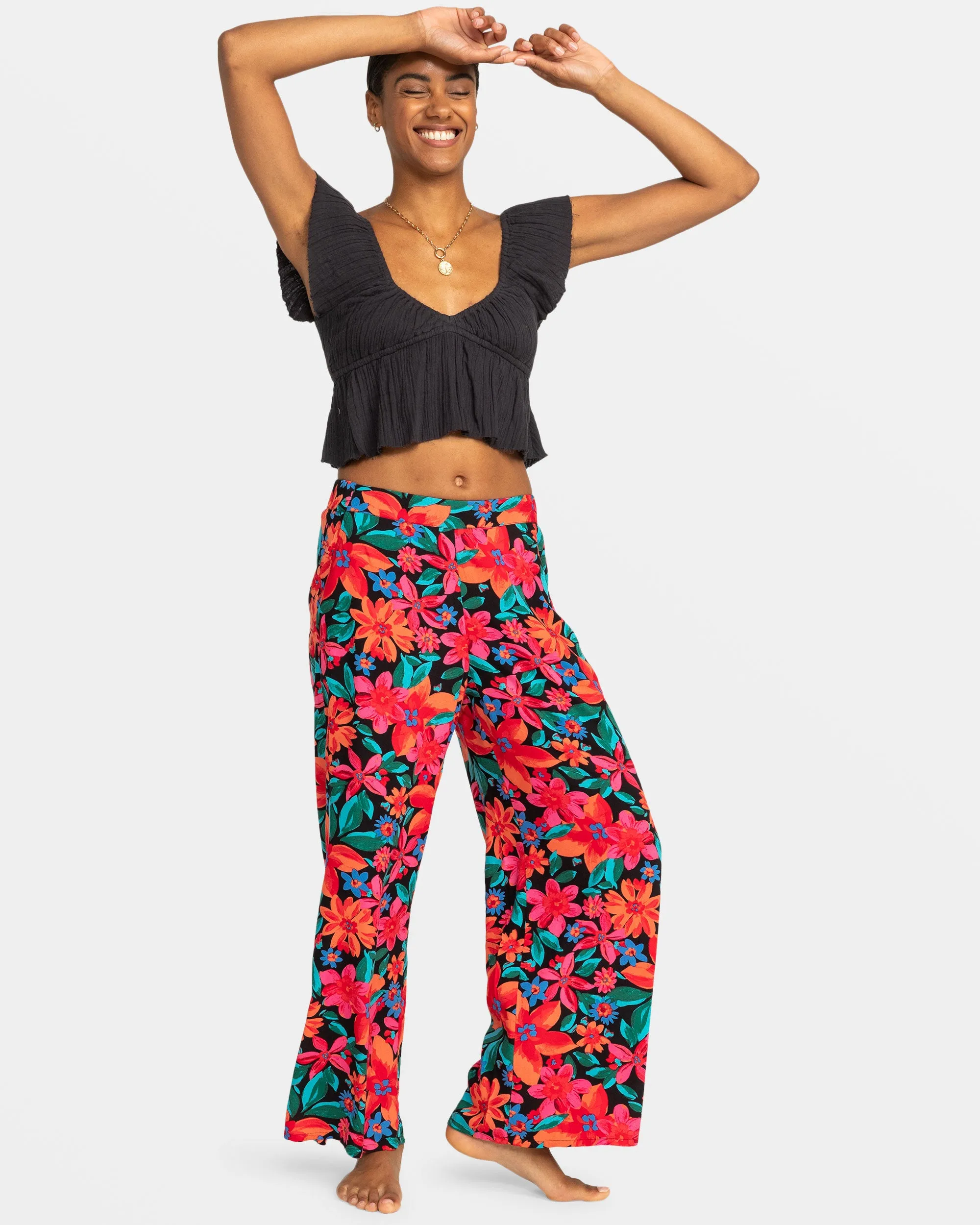 Midnight Avenue Wide Leg Printed Pants - Anthracite Floral Fiesta