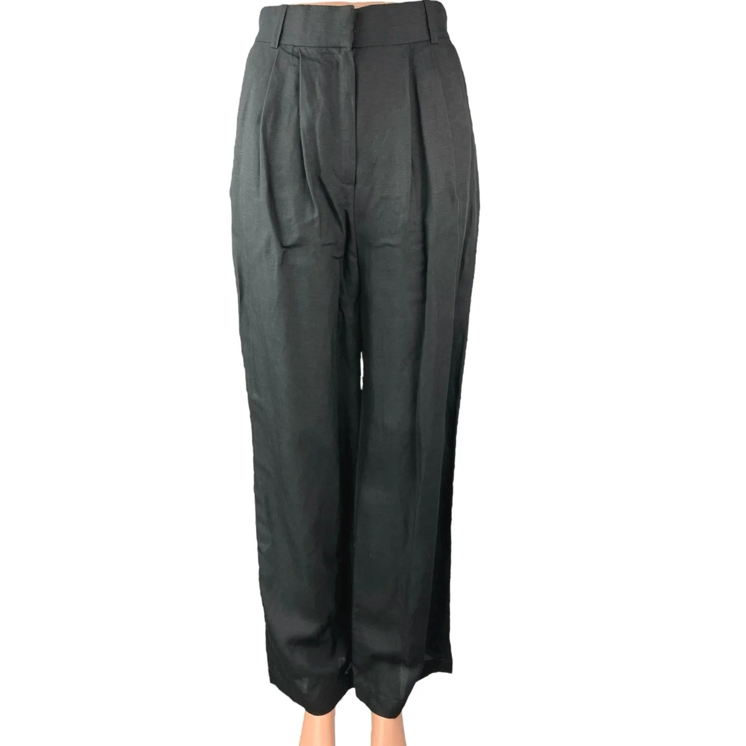 NEW H&M Women's Black Linen Pleated High Rise Wide Leg Trouser Pants Size 2