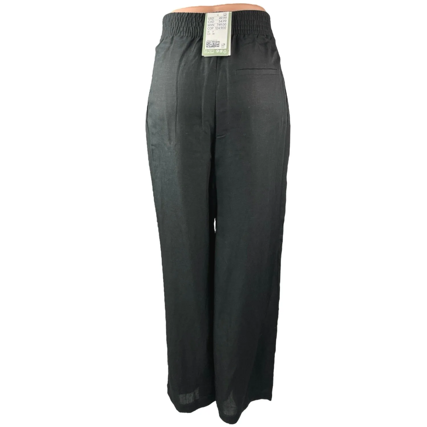 NEW H&M Women's Black Linen Pleated High Rise Wide Leg Trouser Pants Size 2