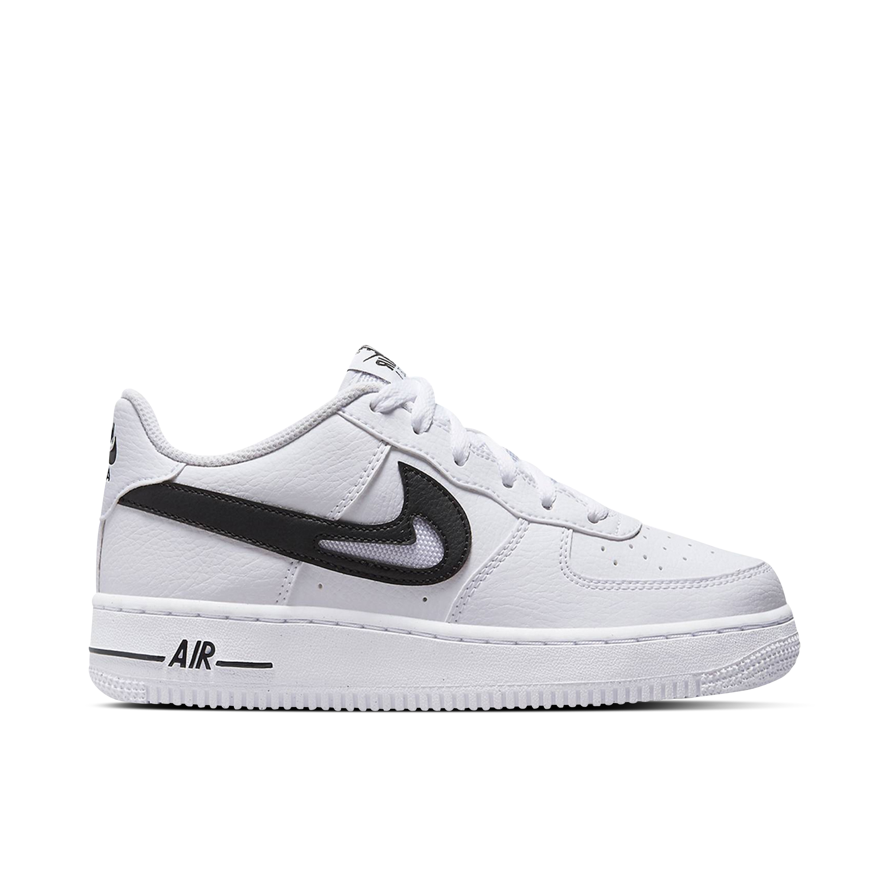 Nike Air Force 1 Low Cut Out Swoosh White Black GS | DR7889-100 | Laced