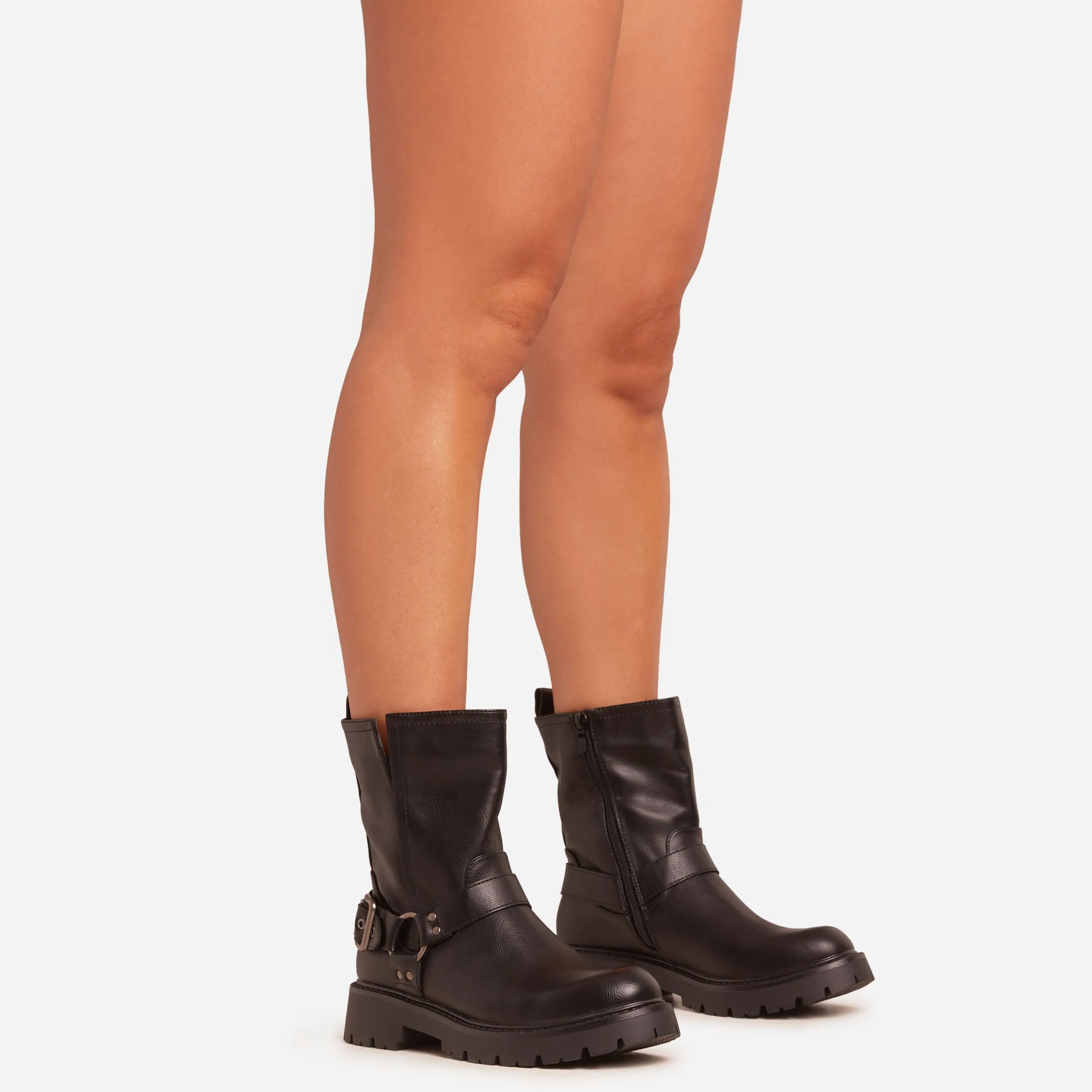 Nolan Ring Detail Chunky Sole Ankle Biker Boot In Black Faux Leather