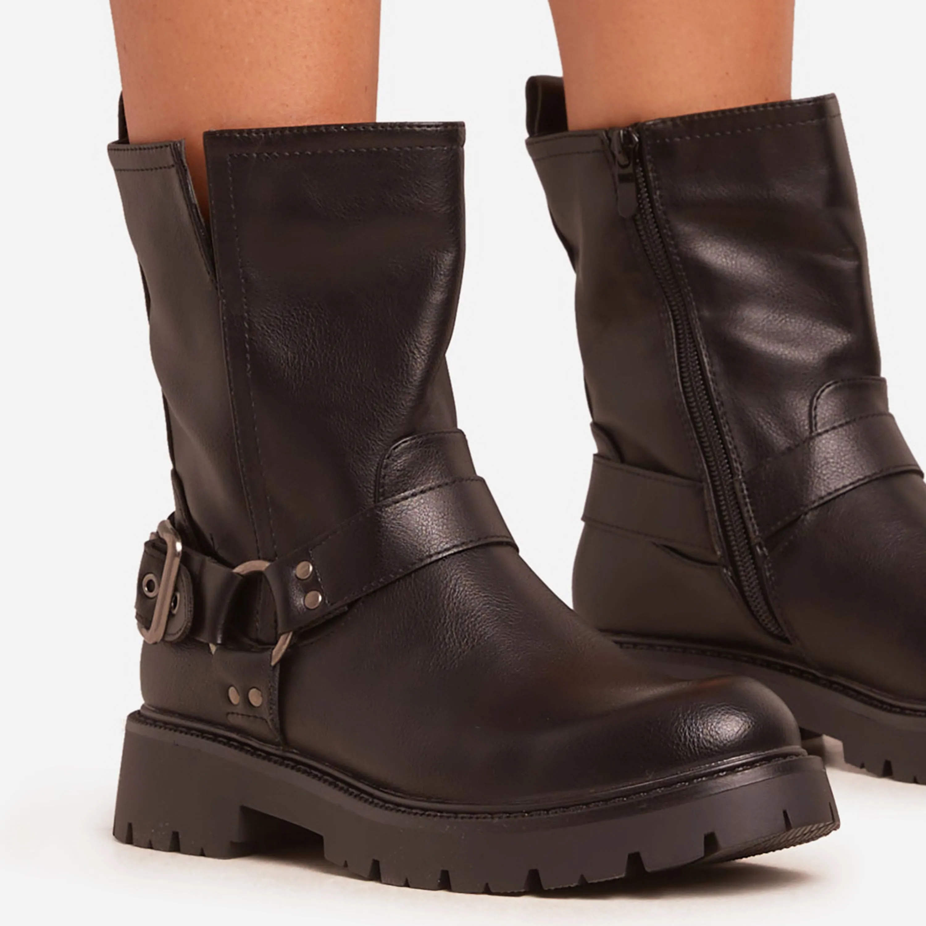 Nolan Ring Detail Chunky Sole Ankle Biker Boot In Black Faux Leather