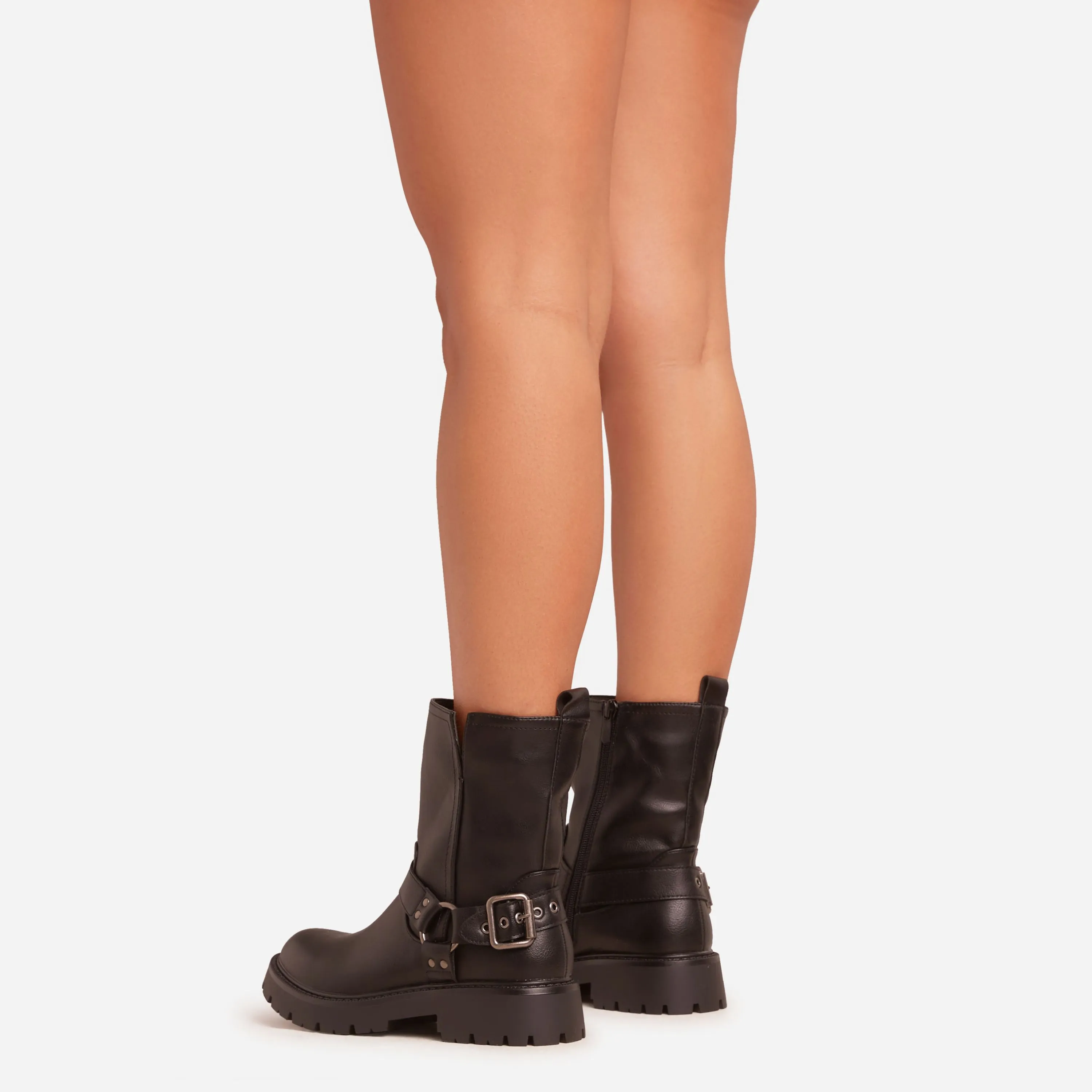 Nolan Ring Detail Chunky Sole Ankle Biker Boot In Black Faux Leather