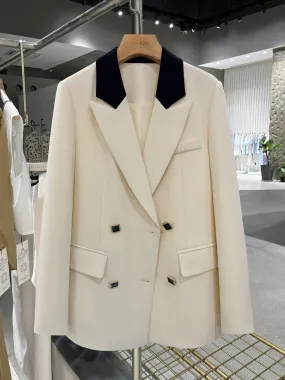 Off-white contrast stitching British style suit jacket women's 2024 spring new retro French Korean suit autumn