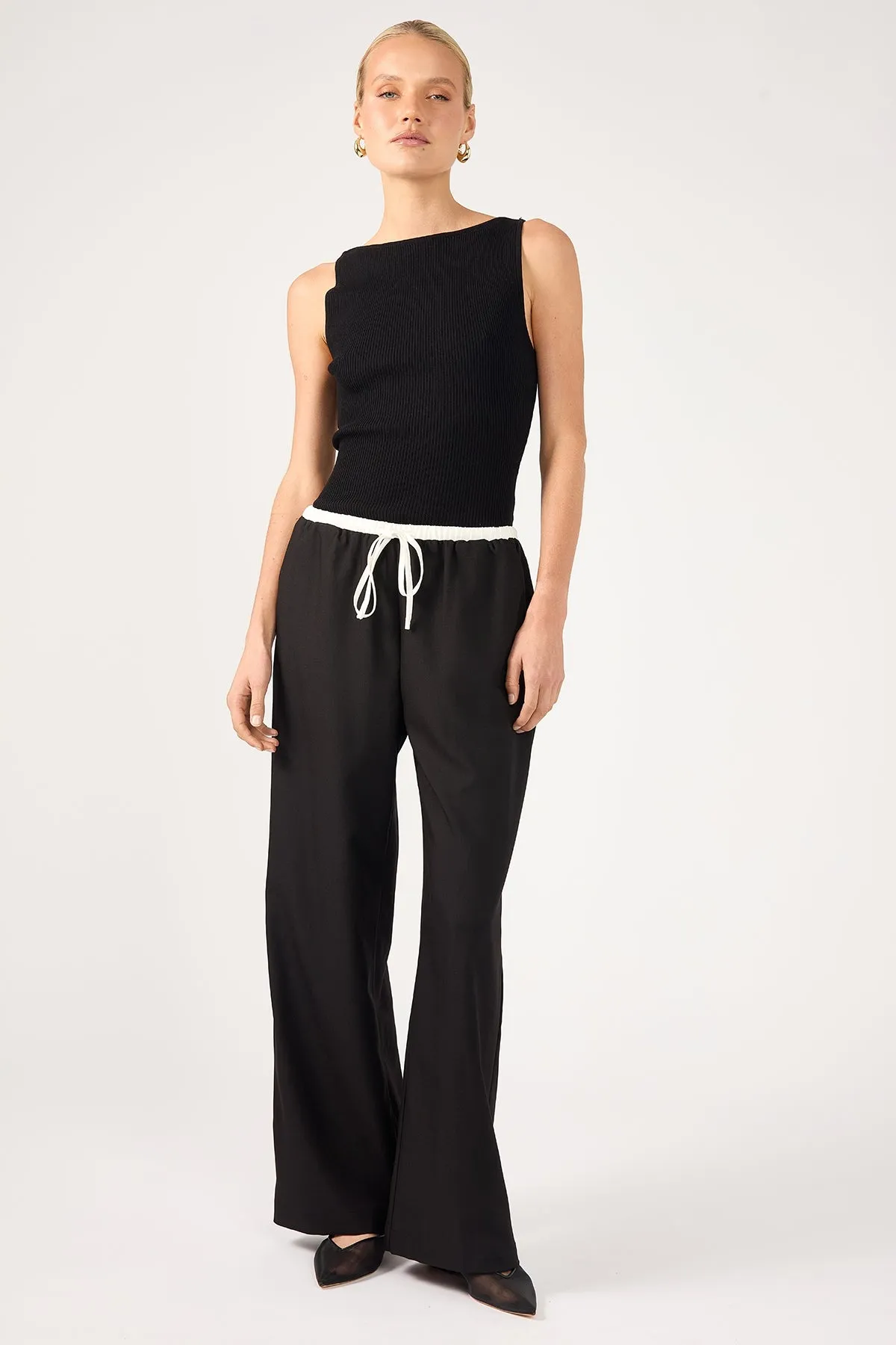 Perfect Stranger Contrast Waistband Drawcord Straight Leg  Pants Black