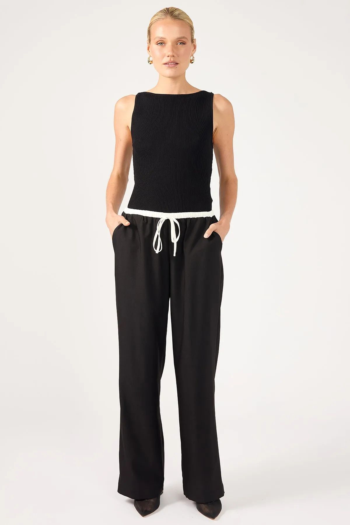 Perfect Stranger Contrast Waistband Drawcord Straight Leg  Pants Black