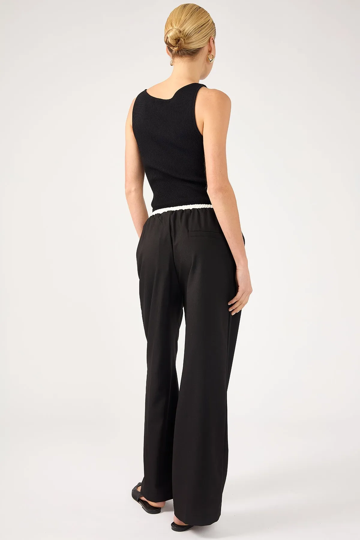 Perfect Stranger Contrast Waistband Drawcord Straight Leg  Pants Black