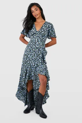 Petite Ditsy Floral Angel Sleeve Wrap Midi Dress