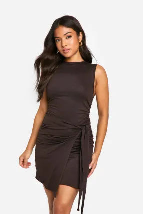 Petite High Neck Sleeveless Wrap Mini Dress