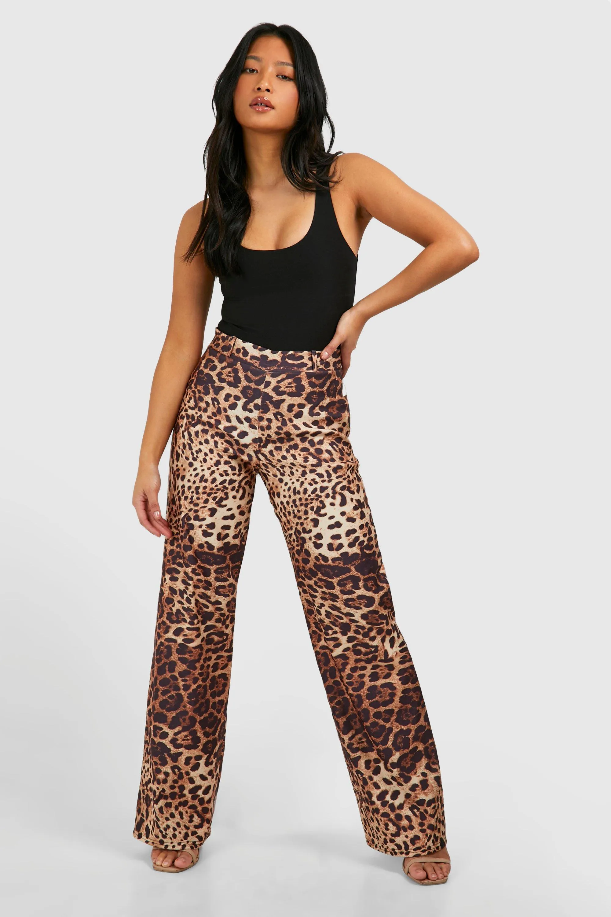 Petite Leopard Print Straight Leg Bengaline Pants