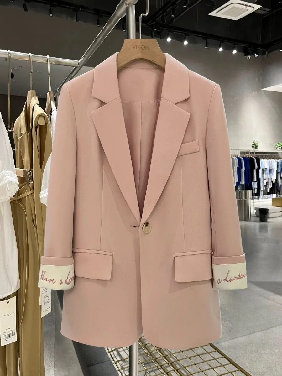 Pink Celebrity Versatile Suit Jacket Women's 2024 Spring and Autumn New Style Loose Suit with Cuff Embroidery Design