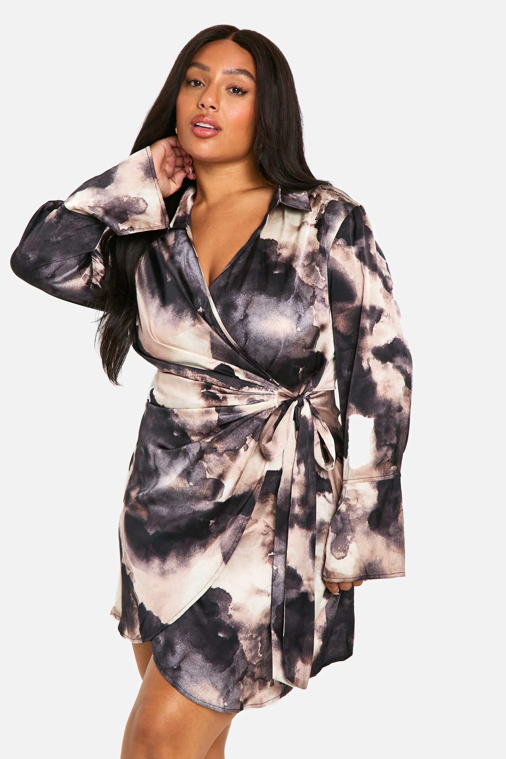 Plus Marble Print Wrap Shirt Dress