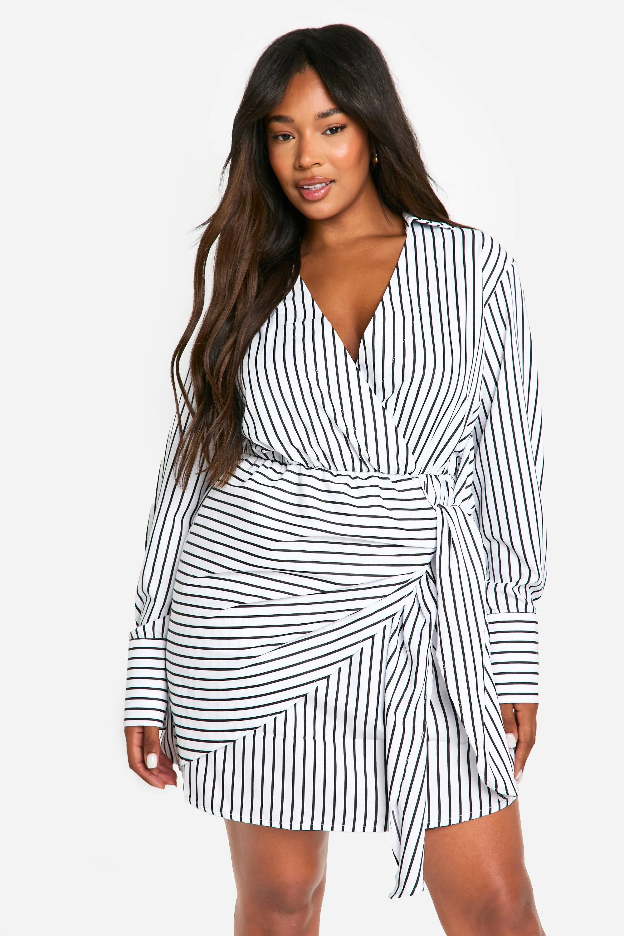 Plus Woven Stripe Wrap Shirt Dress