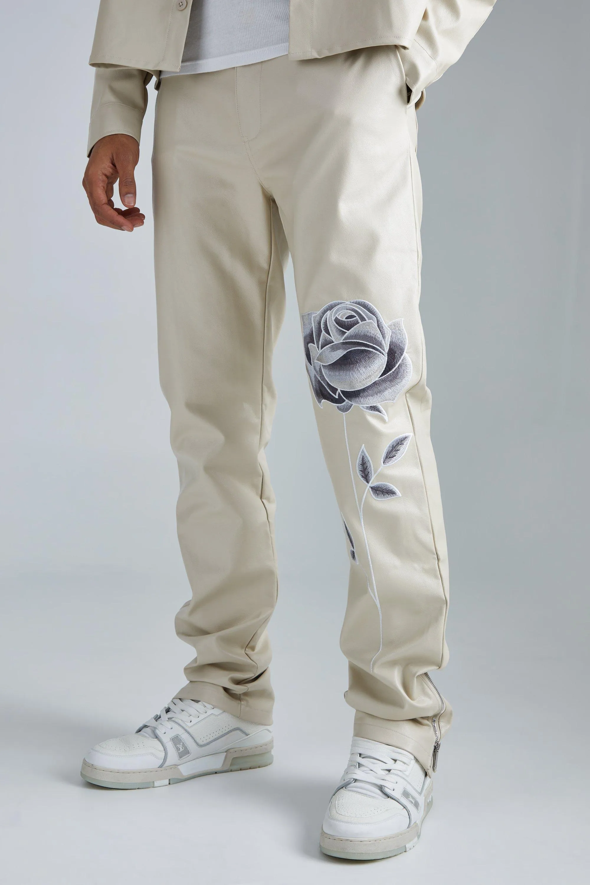 Pu Stacked Straight Leg Zip Gusset Embroidered Pants