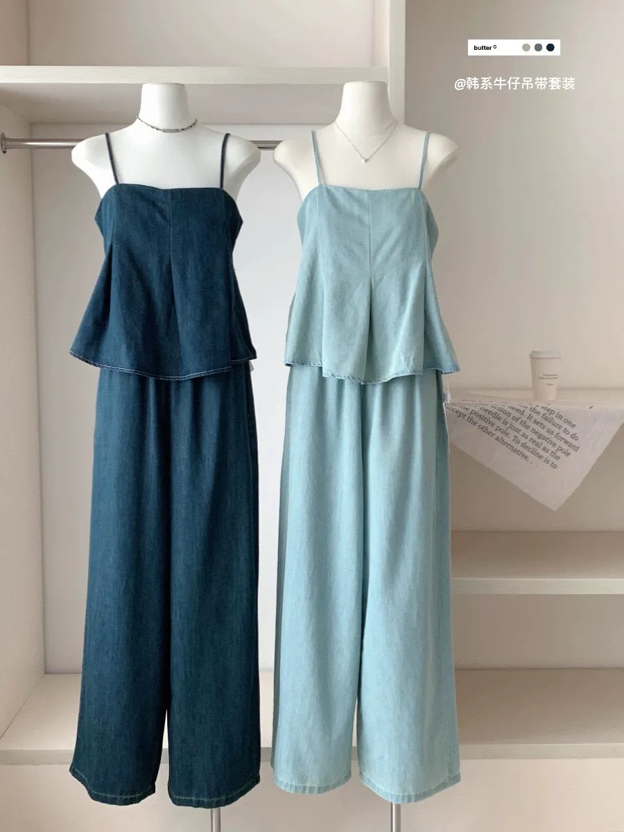 RENA retro pleated backless tube top denim suspenders women's summer high-waisted loose casual wide-leg pants two-piece set