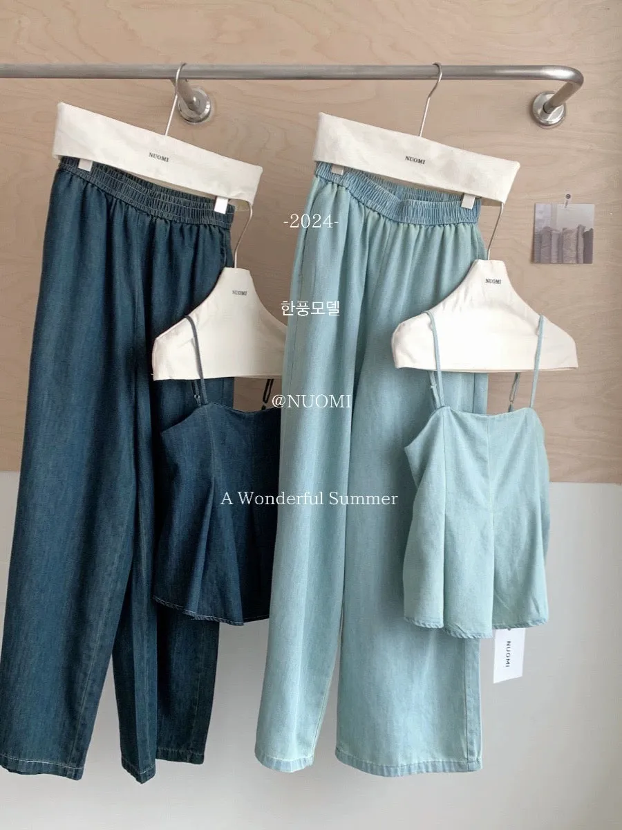 RENA retro pleated backless tube top denim suspenders women's summer high-waisted loose casual wide-leg pants two-piece set