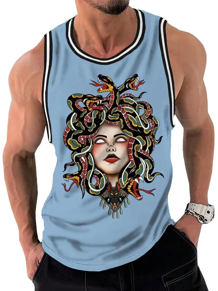 Retro Medusa Tattoo Print Round Neck Sleeveless Tank Top