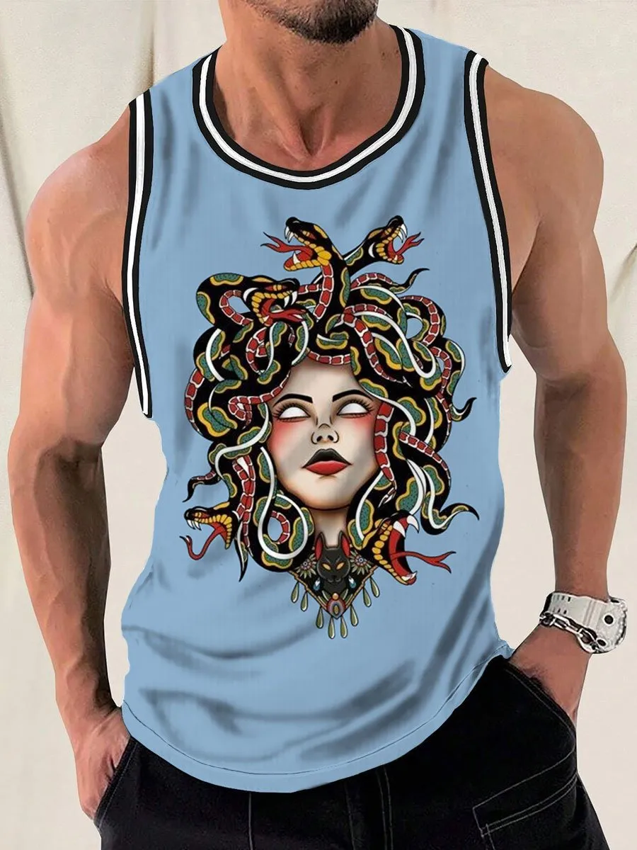 Retro Medusa Tattoo Print Round Neck Sleeveless Tank Top