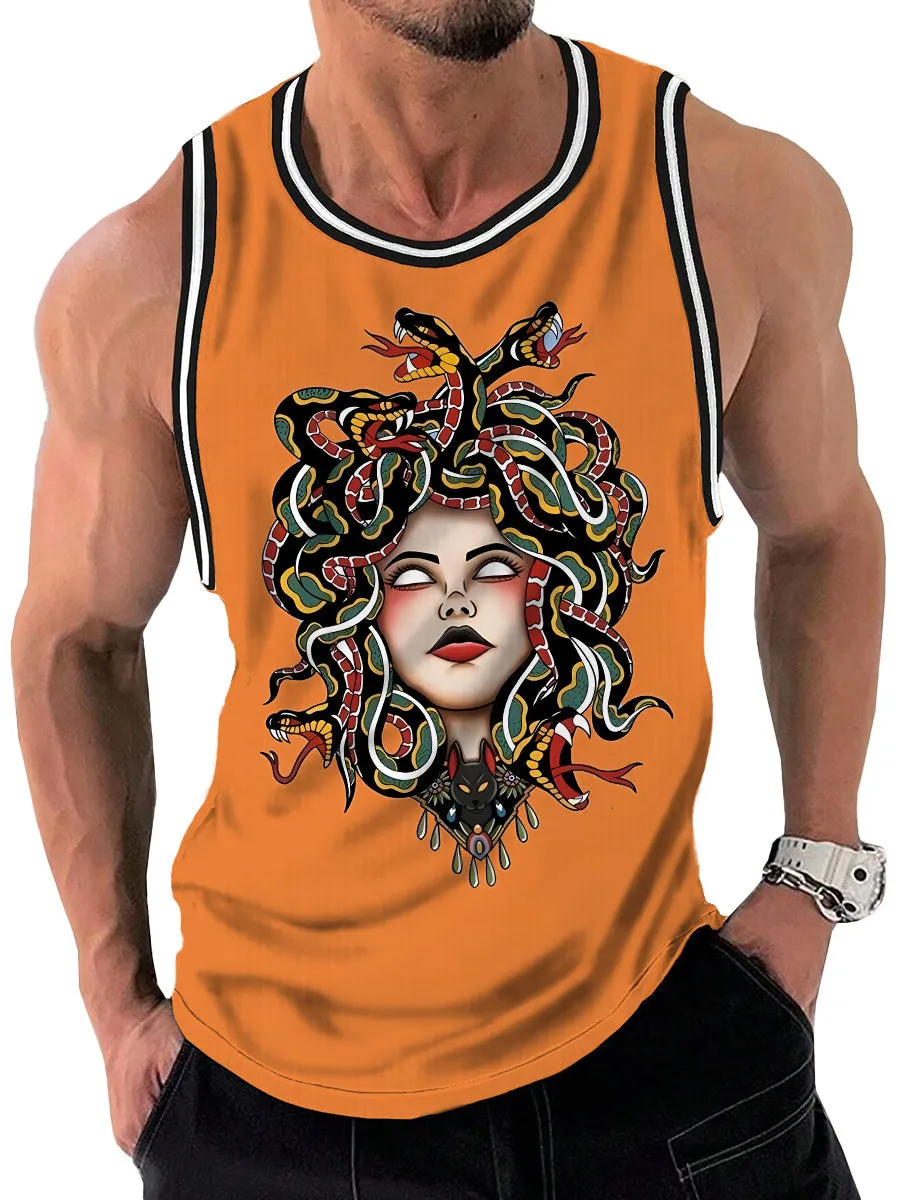 Retro Medusa Tattoo Print Round Neck Sleeveless Tank Top