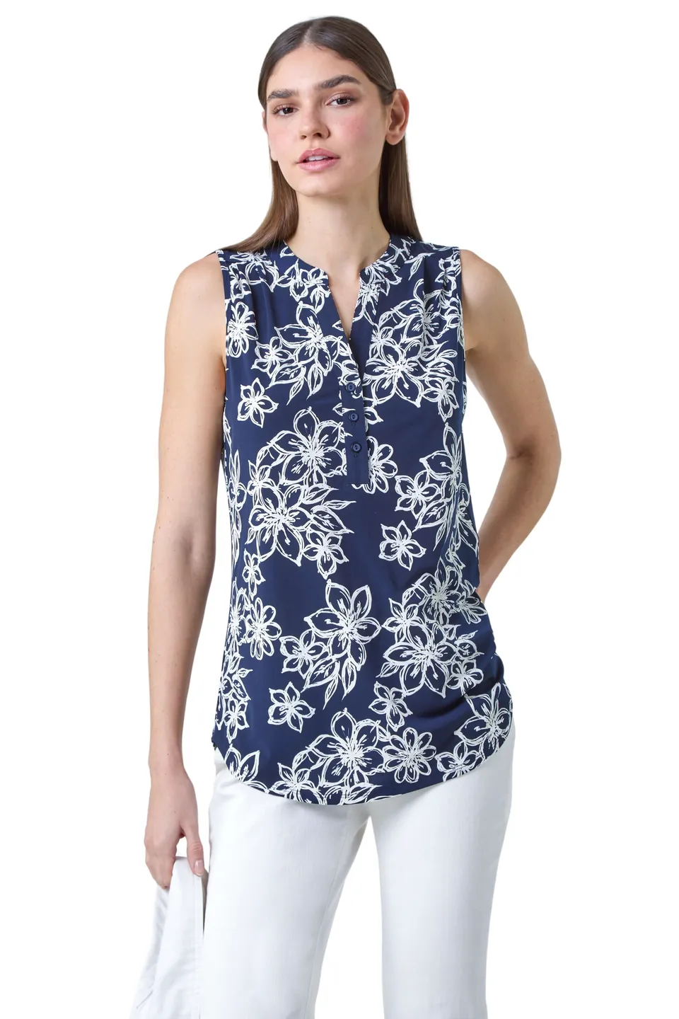 Roman Navy Sleeveless V-Neck Floral Print Stretch Top