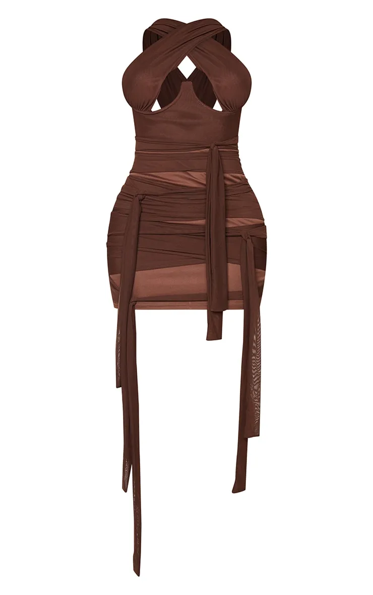 Shape Chocolate Brown Wrap Neck Tie Bodycon Dress