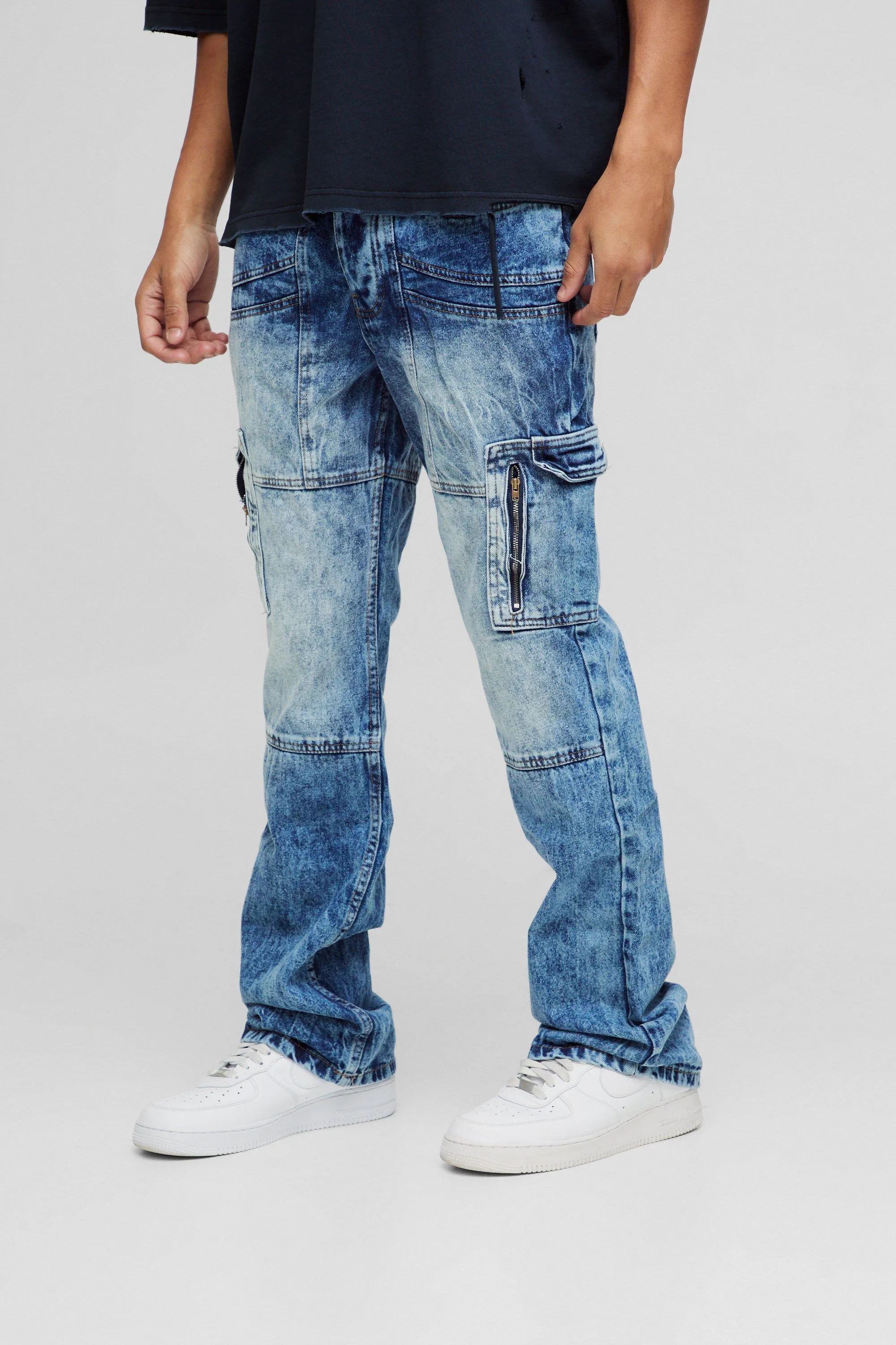 Slim Flared Acid Wash Panel Cargo Jeans