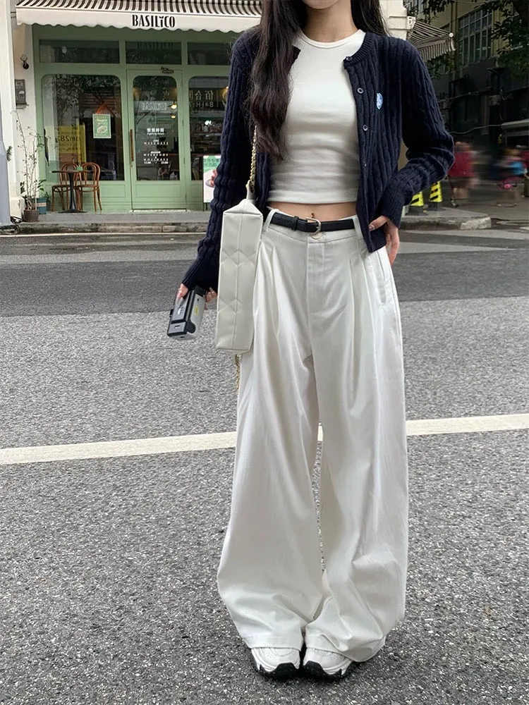 Song Zhengeun white wide-leg pants for women in spring, small, high-waisted, slim casual pants, Korean floor-length white pants