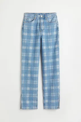 Straight High Jeans - High waist - Long - Light blue/Checked - Ladies | H&M GB