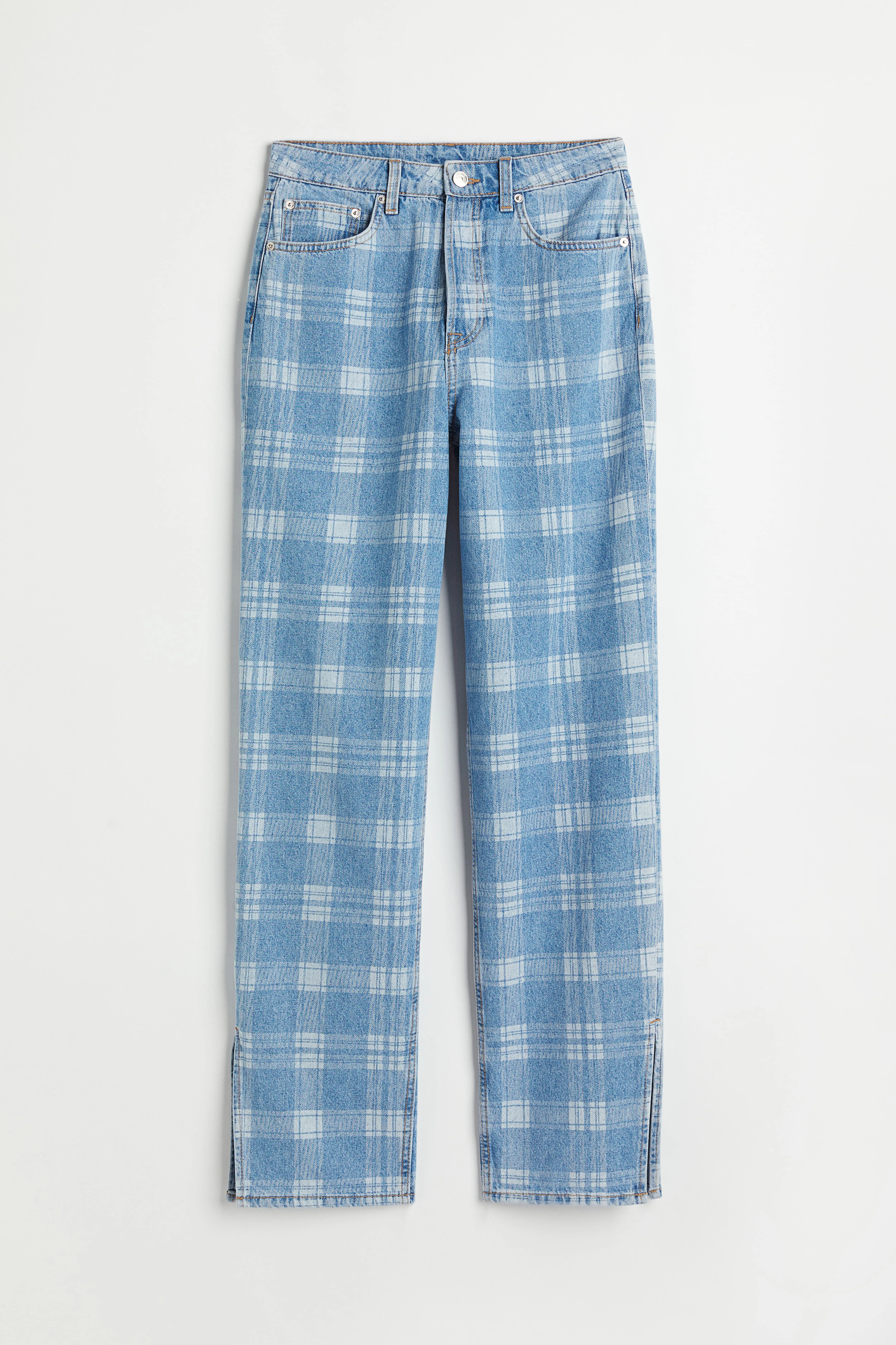 Straight High Jeans - High waist - Long - Light blue/Checked - Ladies | H&M GB