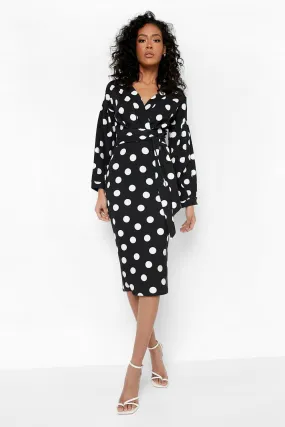 Tall Off Shoulder Wrap Midi Polka Dot Dress