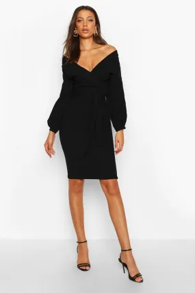 Tall Off The Shoulder Wrap Midi Bodycon Dress