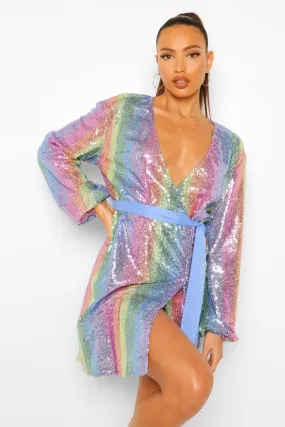 Tall Rainbow Striped Sequin Wrap Belted Mini Dress