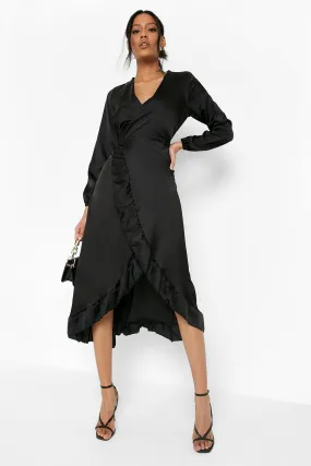 Tall Satin Ruffle Maxi Wrap Dress