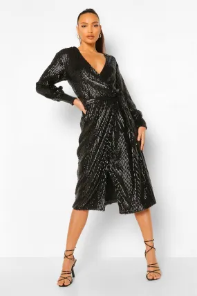 Tall Sequin Wrap Balloon Sleeve Midi Dress