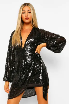 Tall Sequin Wrap Balloon Sleeve Mini Dress