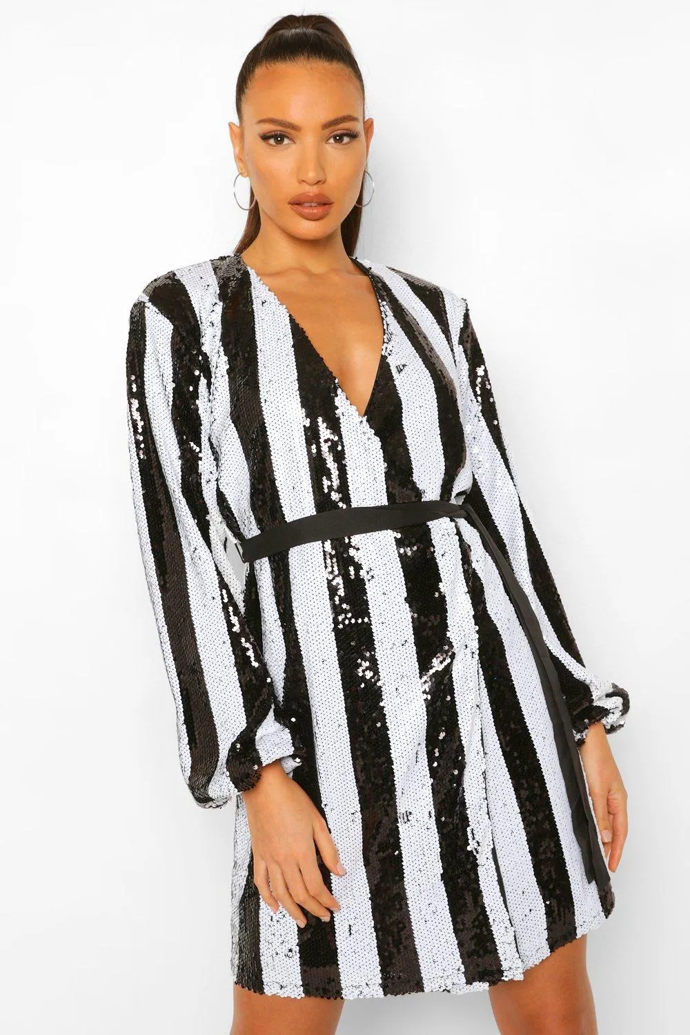 Tall Stripe Sequin Wrap Belted Mini Dress