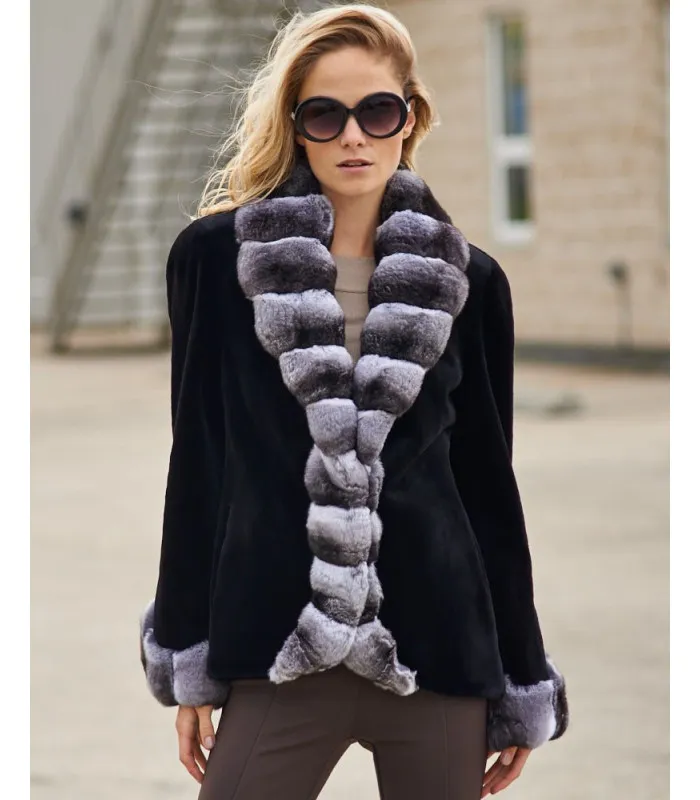 The Royal Black Sheared Mink Jacket with Chinchilla Trim: FurHatWorld.com