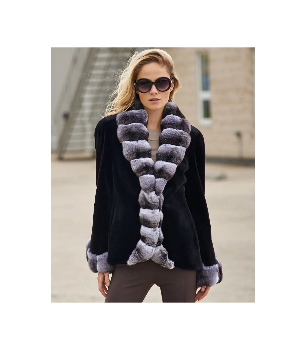 The Royal Black Sheared Mink Jacket with Chinchilla Trim: FurHatWorld.com