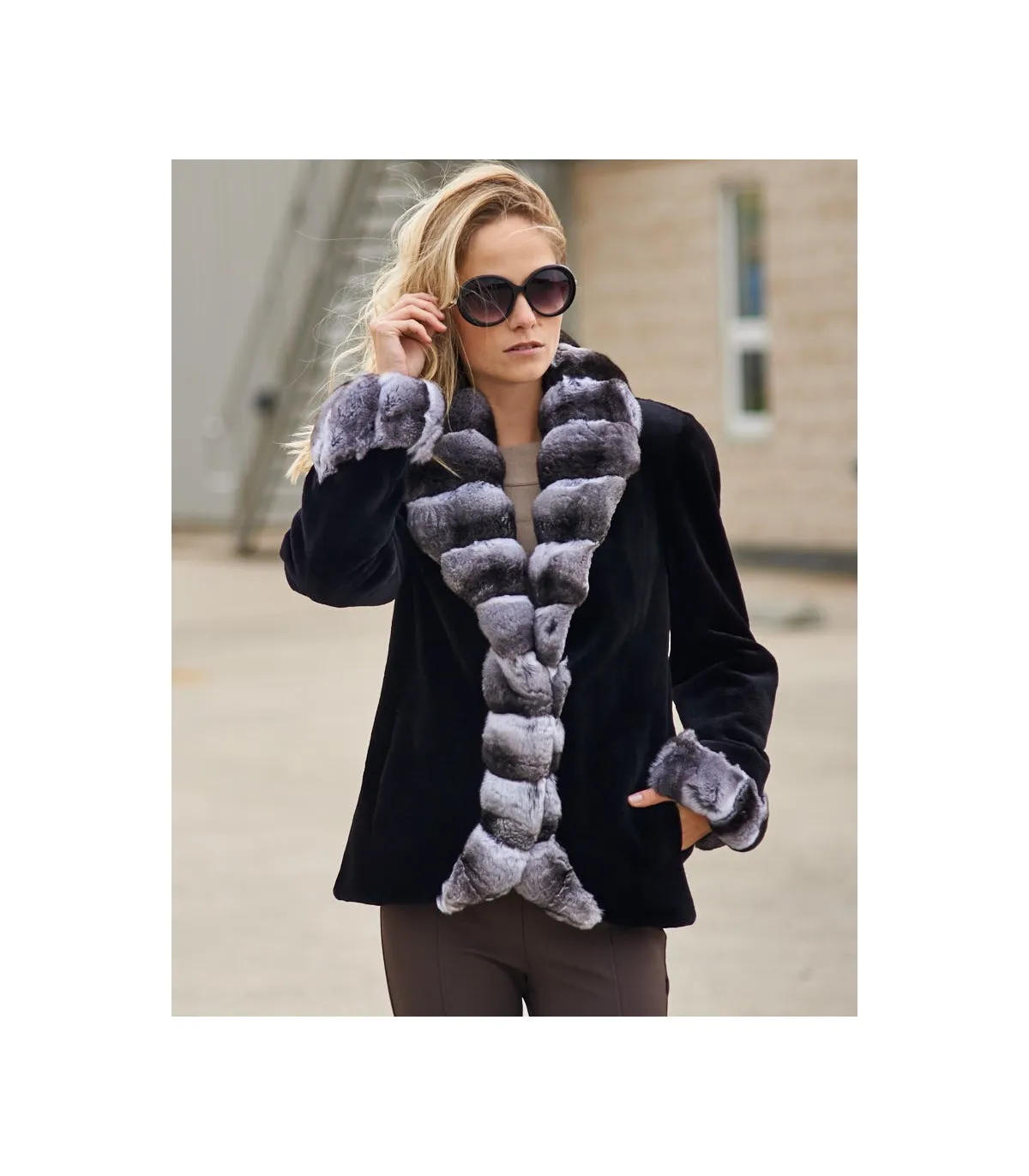 The Royal Black Sheared Mink Jacket with Chinchilla Trim: FurHatWorld.com